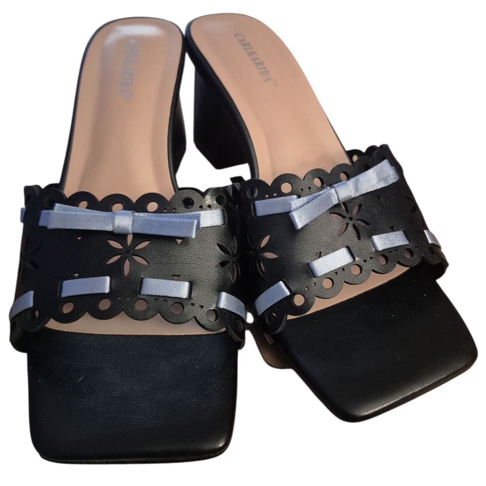 Black W/ Sky Blue Ribbon, Block Heeled Open Toed Mules - New Size 8 & 11 - Picture 4 of 8